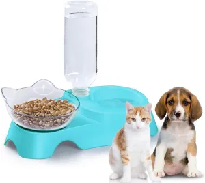 MILIFUN Double Dog Cat Bowls - Pets Water and Food Bowl Set, 15Tilted Water and Food Bowl Set with Automatic Waterer Bottle for Small or Medium Size Dogs Cats