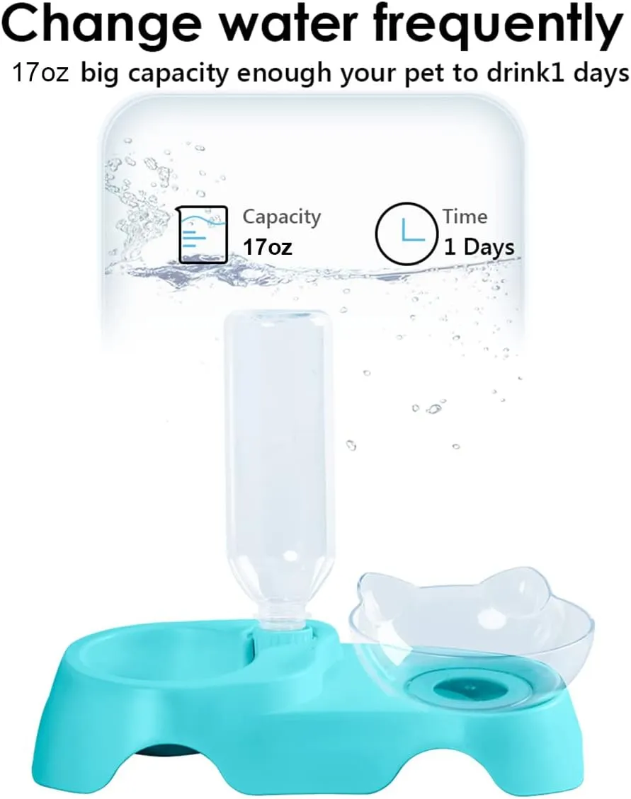 MILIFUN Double Dog Cat Bowls - Pets Water and Food Bowl Set, 15Tilted Water and Food Bowl Set with Automatic Waterer Bottle for Small or Medium Size Dogs Cats