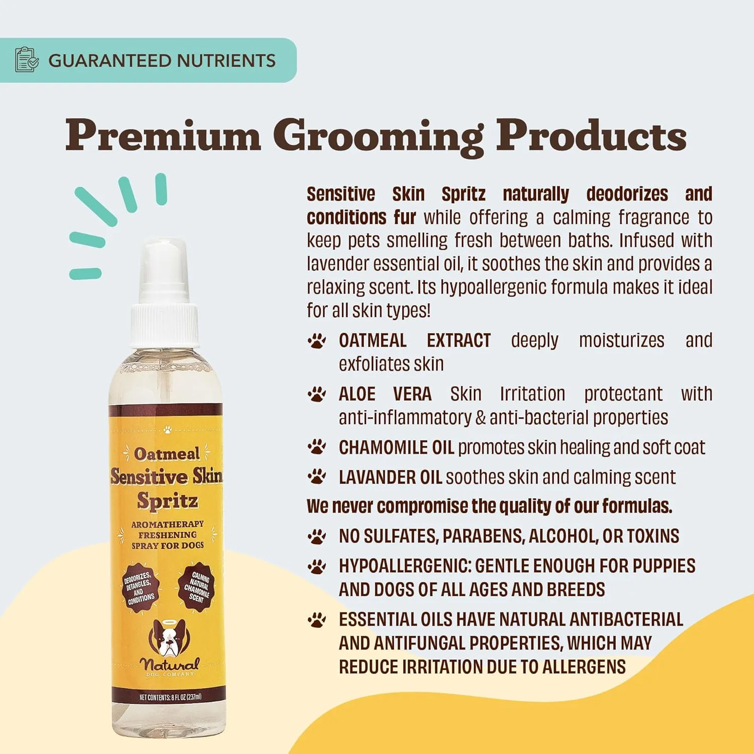 Natural Dog Company Sensitive Skin Dog Deodorizing Spray: Ideal for Sensitive Skin Dog Shampoo, Long Lasting Perfume, Dog Spray Deodorizer, Neutral Scented with hints of Lavender, 8 oz