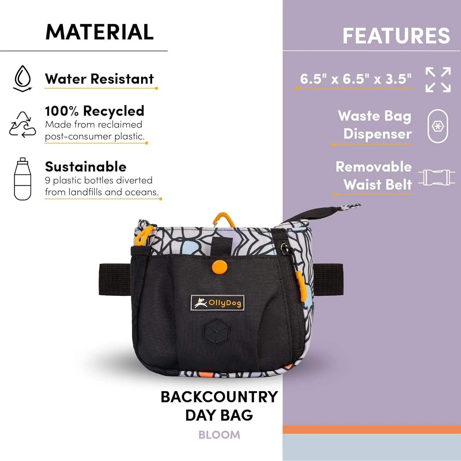 OllyDog Backcountry Day Bag | Hands-Free Dog Training Treat Pouch | Fanny/Hip Pack with Zipper Closure & Built-in Poop Bag Dispenser | Removable Waist Clip (Bloom)