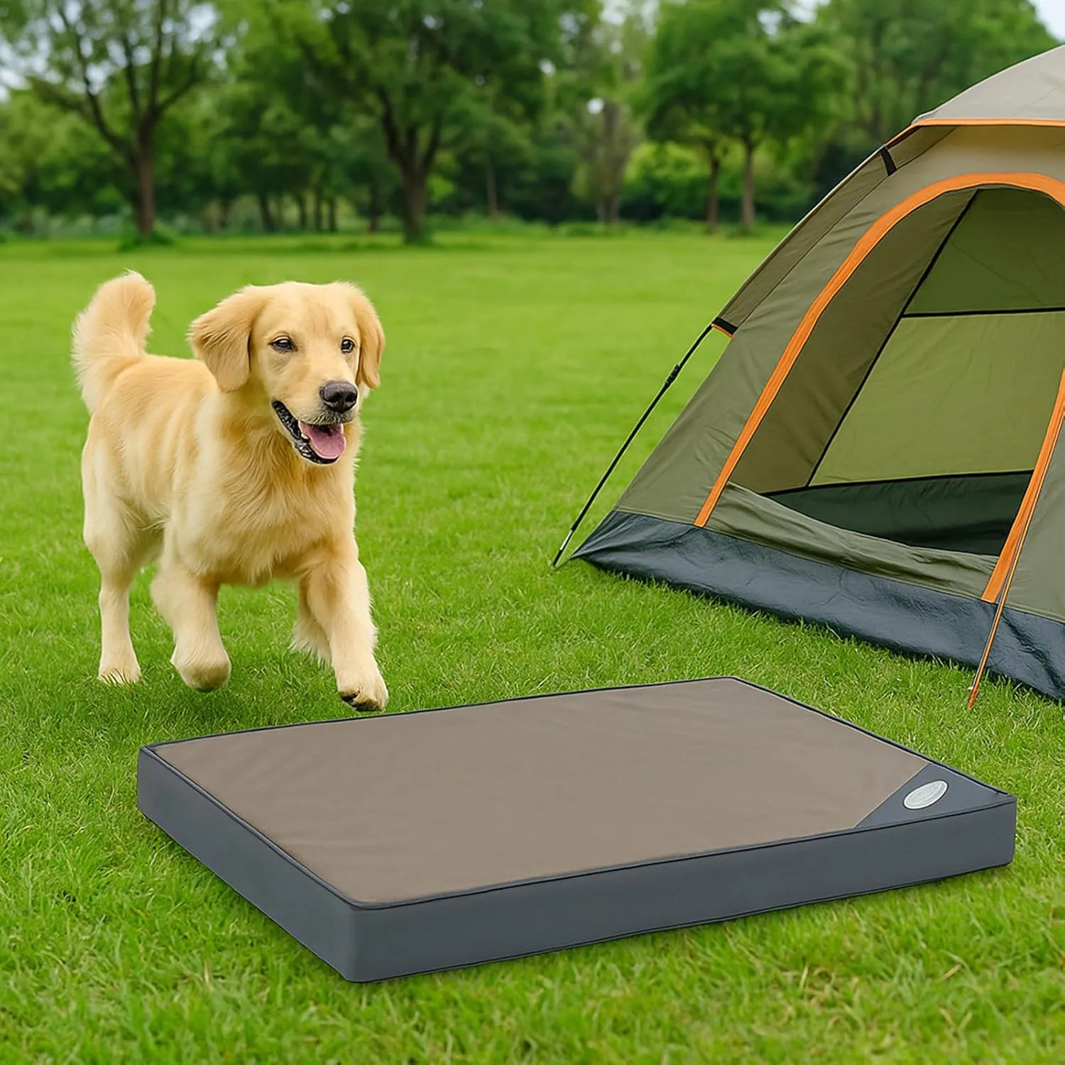 Orthopedic Outdoor Waterproof Dog Beds for Large Dogs, Washable Crate Bed with Egg Crate Foam Pet Bed Mat and Removable Oxford Fabric Cooling Cover,41"x 29",Beige