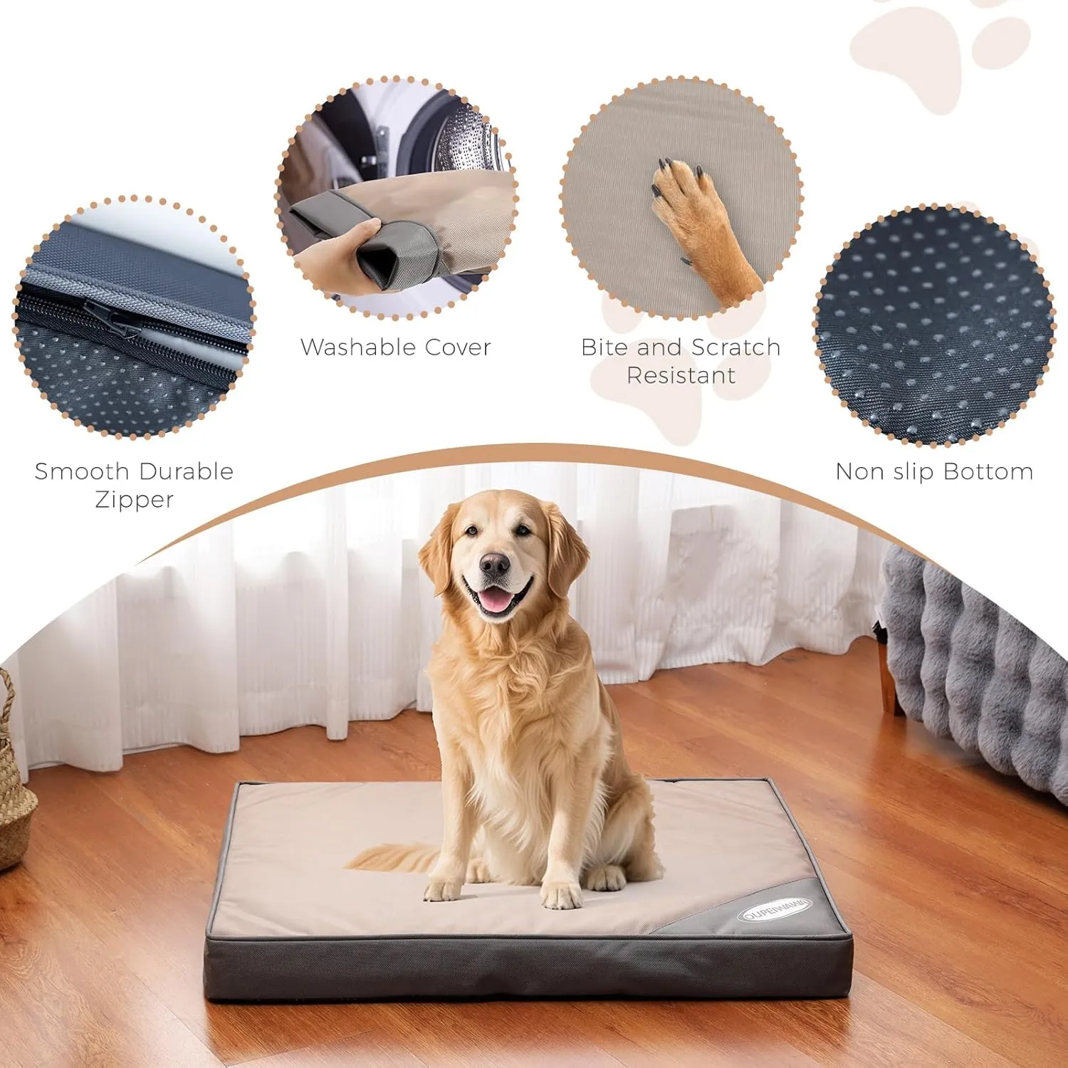 Orthopedic Outdoor Waterproof Dog Beds for Large Dogs, Washable Crate Bed with Egg Crate Foam Pet Bed Mat and Removable Oxford Fabric Cooling Cover,41"x 29",Beige