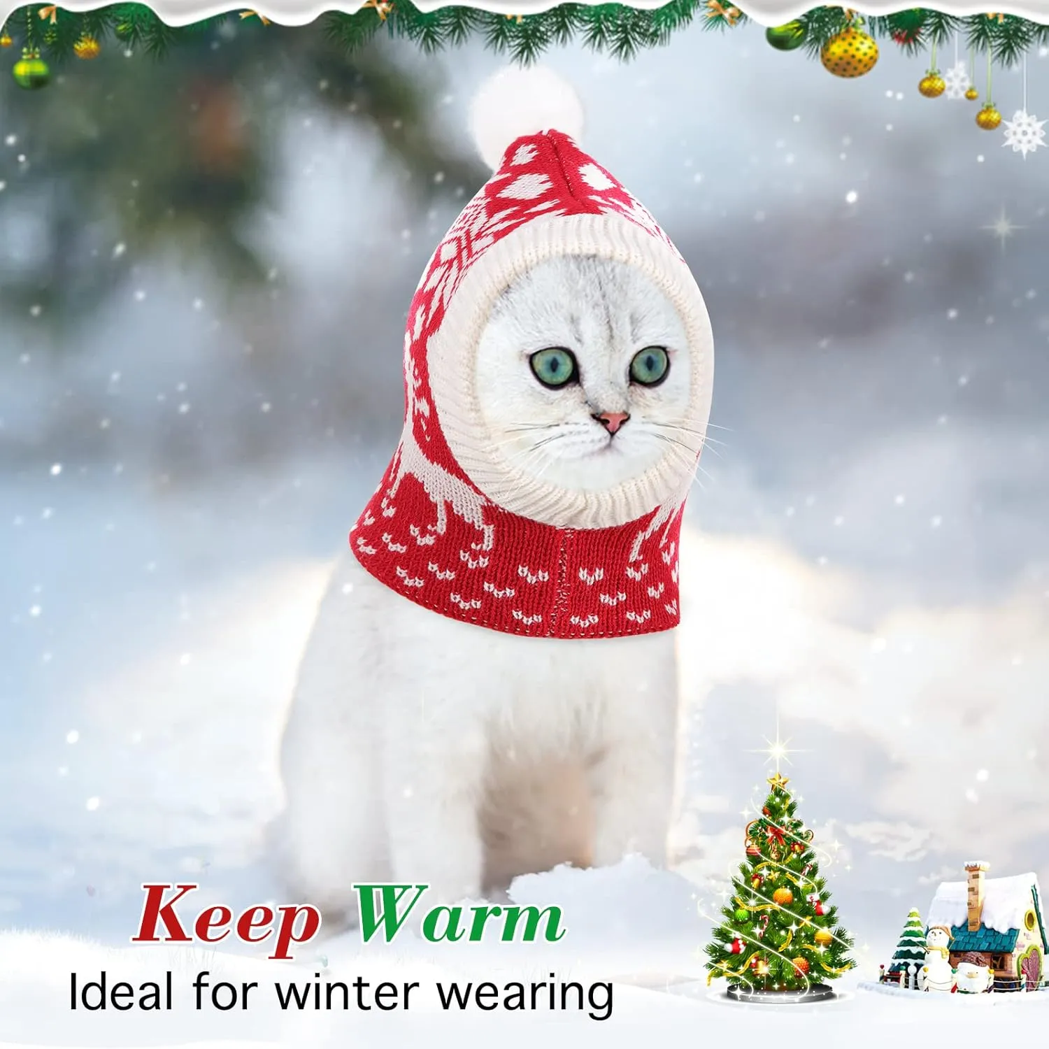 Pawaboo Christmas Pet Hat, Funny Knitted Pets Cap with Pompon, Cute Crocheted Snood Winter Warm Pet Hat, Neck Ear Warmer Hood Warm Scarf Xmas Decoration Santa Hat for Small Dogs, S, Elk Red