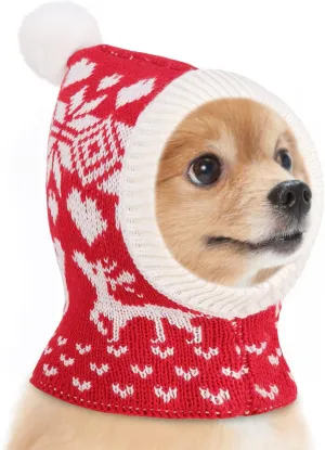 Pawaboo Christmas Pet Hat, Funny Knitted Pets Cap with Pompon, Cute Crocheted Snood Winter Warm Pet Hat, Neck Ear Warmer Hood Warm Scarf Xmas Decoration Santa Hat for Small Dogs, S, Elk Red