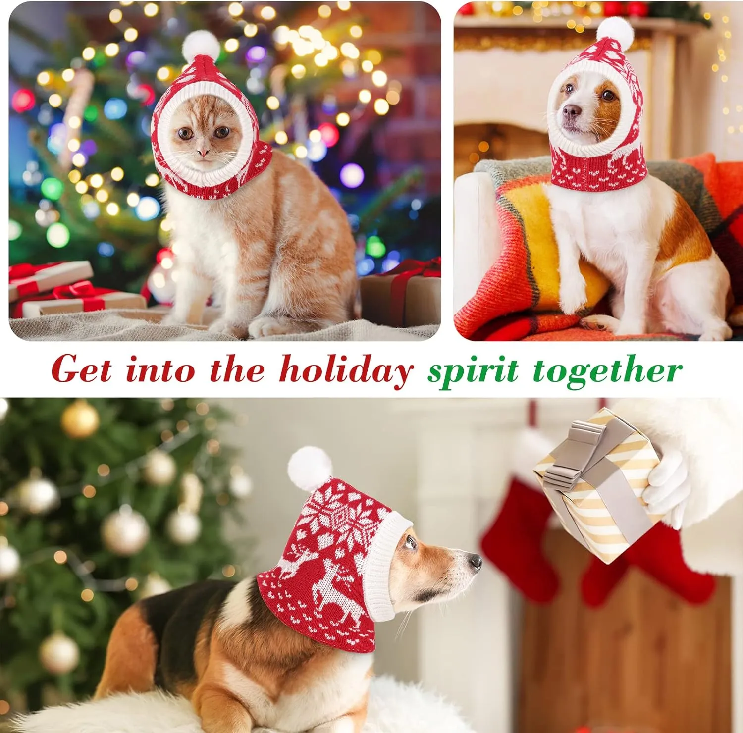 Pawaboo Christmas Pet Hat, Funny Knitted Pets Cap with Pompon, Cute Crocheted Snood Winter Warm Pet Hat, Neck Ear Warmer Hood Warm Scarf Xmas Decoration Santa Hat for Small Dogs, S, Elk Red