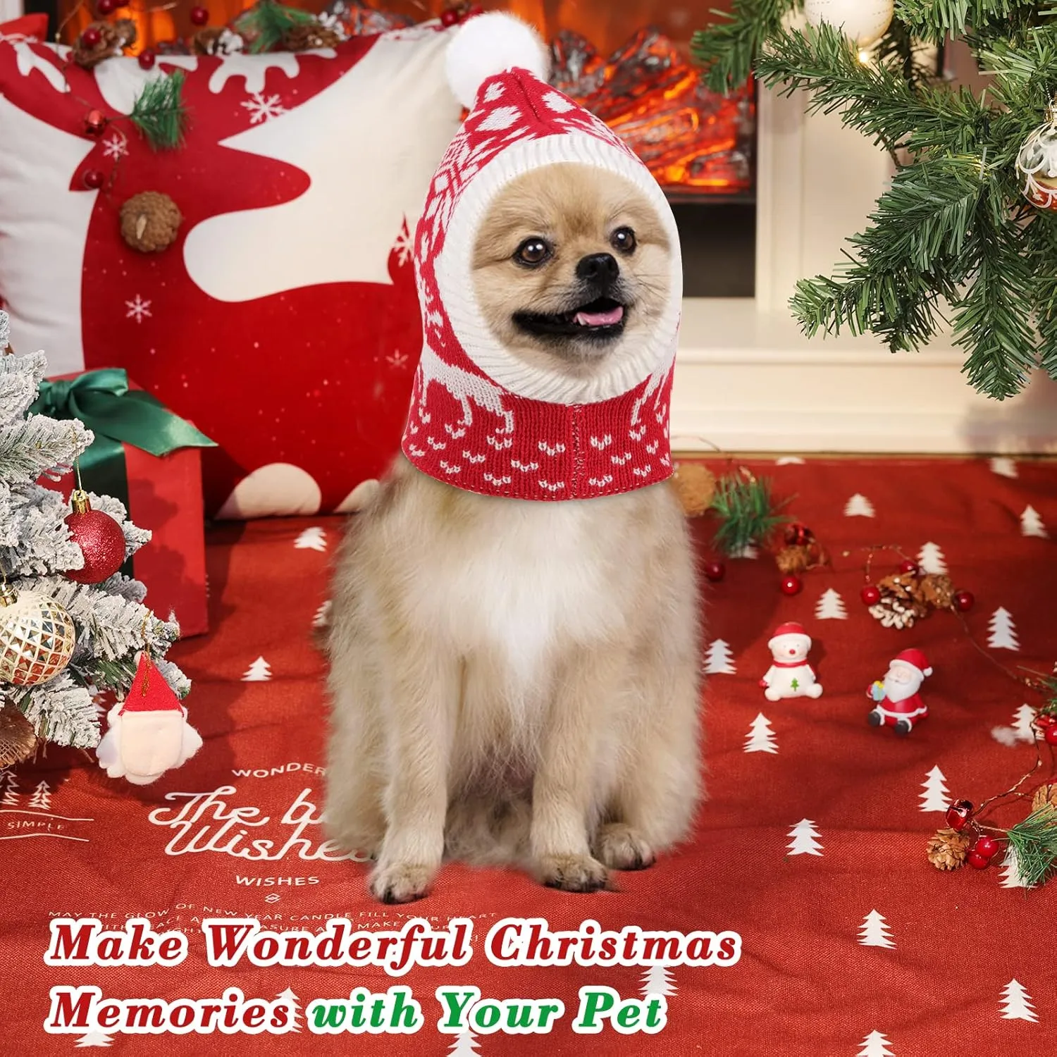Pawaboo Christmas Pet Hat, Funny Knitted Pets Cap with Pompon, Cute Crocheted Snood Winter Warm Pet Hat, Neck Ear Warmer Hood Warm Scarf Xmas Decoration Santa Hat for Small Dogs, S, Elk Red