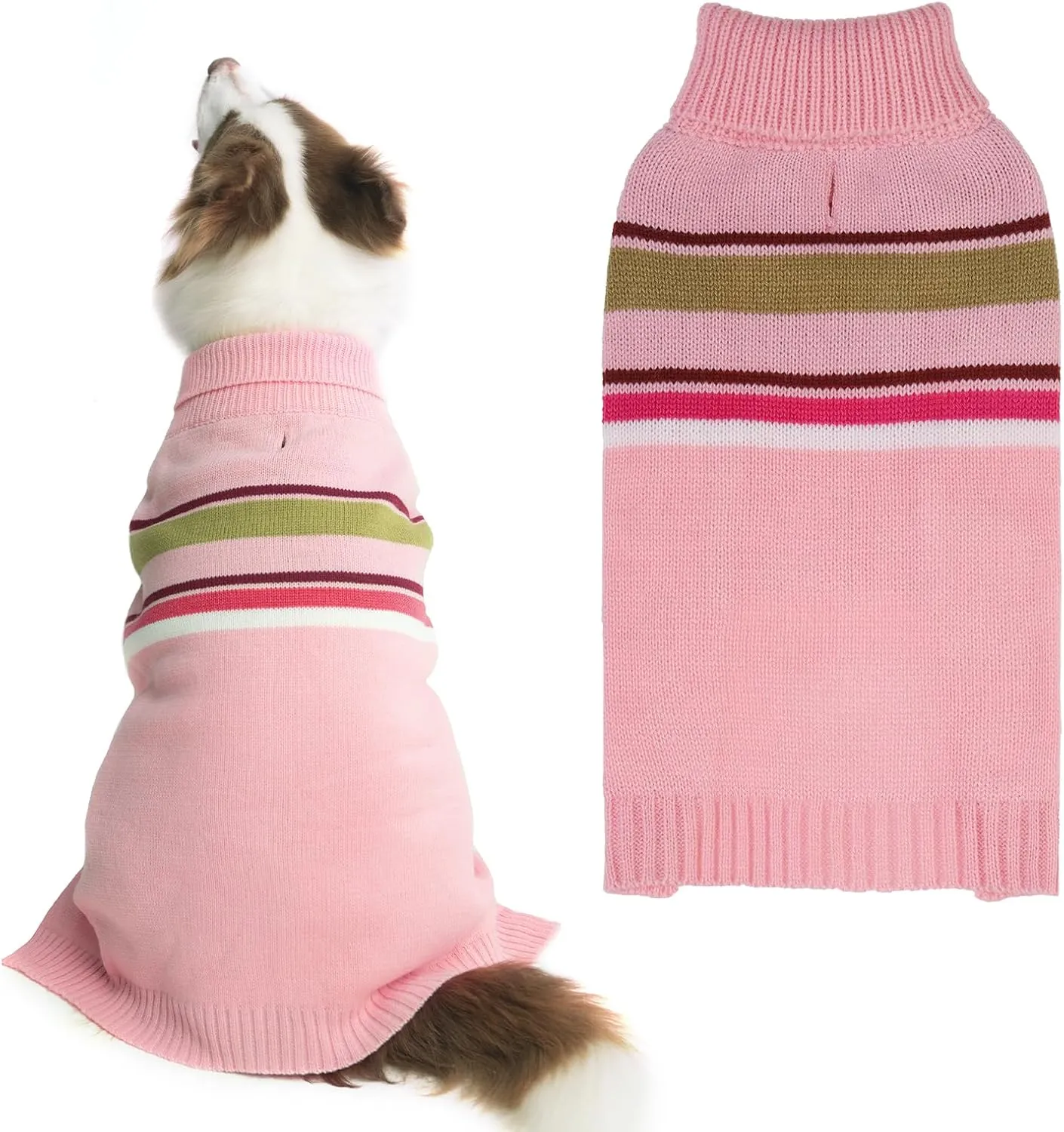 PAWCHIE Dog Sweater - Warm Turtleneck Coat for Large Dogs, Girls & Boys, Stretchy Knitted Outfit with Leash Hole, Pink L/XL