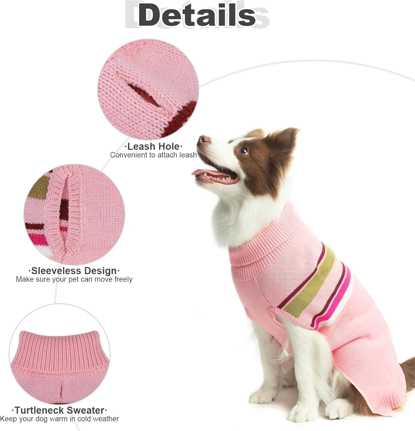 PAWCHIE Dog Sweater - Warm Turtleneck Coat for Large Dogs, Girls & Boys, Stretchy Knitted Outfit with Leash Hole, Pink L/XL