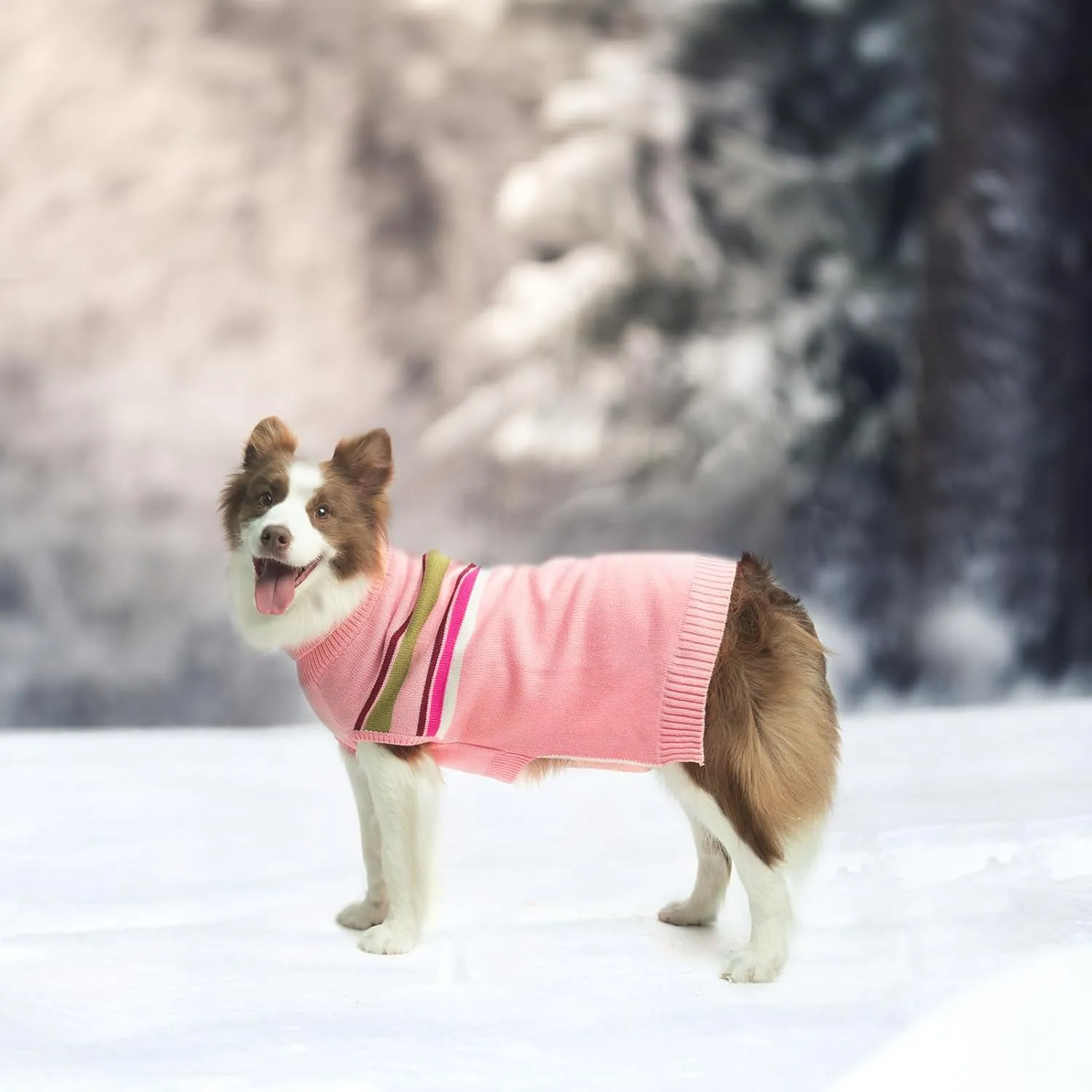 PAWCHIE Dog Sweater - Warm Turtleneck Coat for Large Dogs, Girls & Boys, Stretchy Knitted Outfit with Leash Hole, Pink L/XL