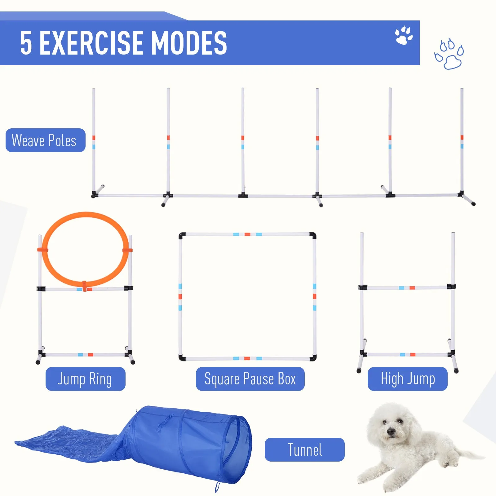 PawHut Dog Agility Equipment Training Set Carry Bag Adjustable (Pole   Hoop   Hurdle Tunnel   Pause Box)