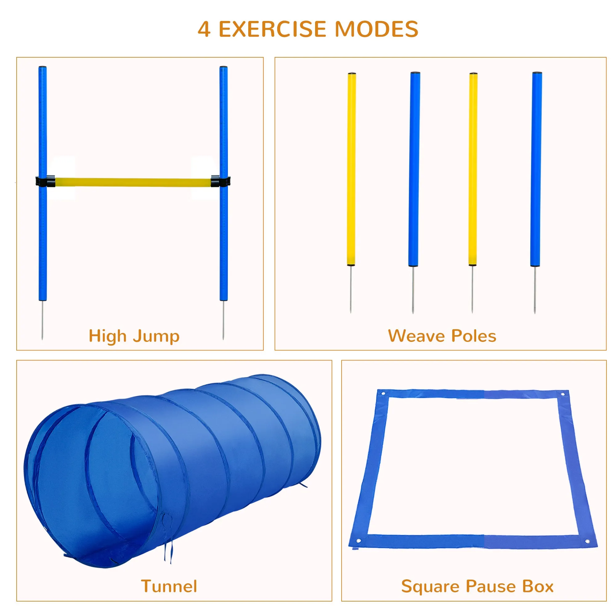 PawHut Pet Agility Training Equipment Dog Play Run Jump Obedience Training Set Adjustable (Poles   Hurdle   Tunnel   Pause Box)