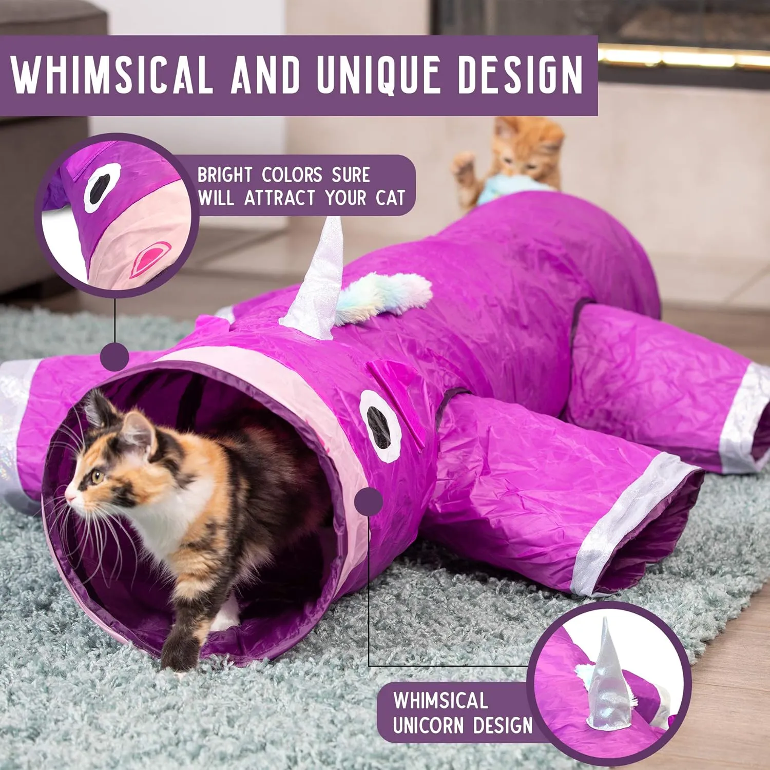Pet Craft Supply Magic Mewnicorn Multi Cat Tunnel Boredom Relief Toys with Crinkle Feather String for Dogs, Cats, Rabbits, Kittens and Guinea Pigs for Hiding Hunting and Resting