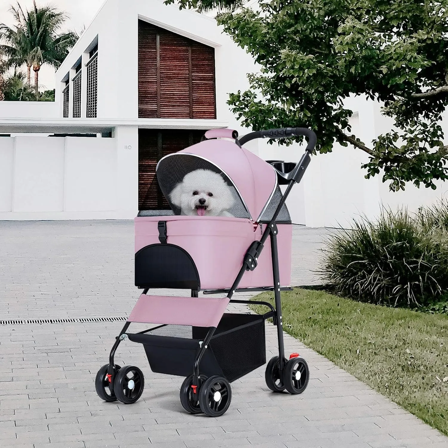 Pet Products Stroller,Folding Dog Stroller with A Storage Bag and Detachable Tray,Includes 360 Degree Front Wheel Swivel, Rear Wheel Breaks, Reflective Trim,Mesh Canopy,for Small/Medium Pets(Pink)