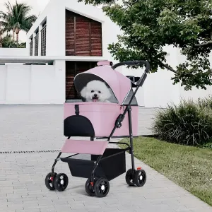 Pet Products Stroller,Folding Dog Stroller with A Storage Bag and Detachable Tray,Includes 360 Degree Front Wheel Swivel, Rear Wheel Breaks, Reflective Trim,Mesh Canopy,for Small/Medium Pets(Pink)