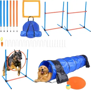 Premium Dog Agility Training Equipment Set for Indoor and Outdoor, Dog Obstacle Course Kit, 2 Hurdles Jump, Tire Jump, Tunnel, Weave Pole with Stand, Pause Box, 1 Toy Ball, 1 Flying Discs, 1 Whistle