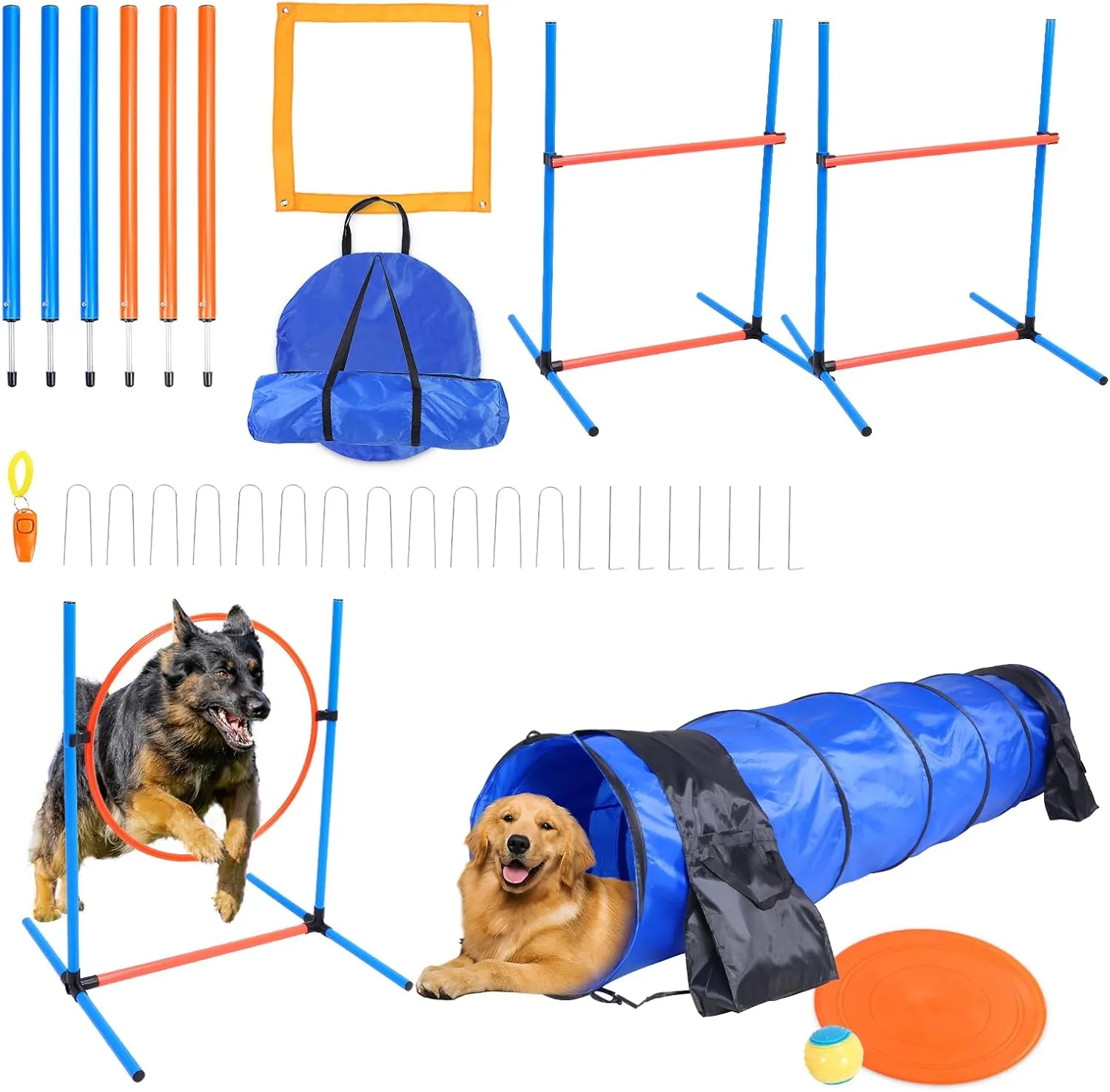 Premium Dog Agility Training Equipment Set for Indoor and Outdoor, Dog Obstacle Course Kit, 2 Hurdles Jump, Tire Jump, Tunnel, Weave Pole with Stand, Pause Box, 1 Toy Ball, 1 Flying Discs, 1 Whistle