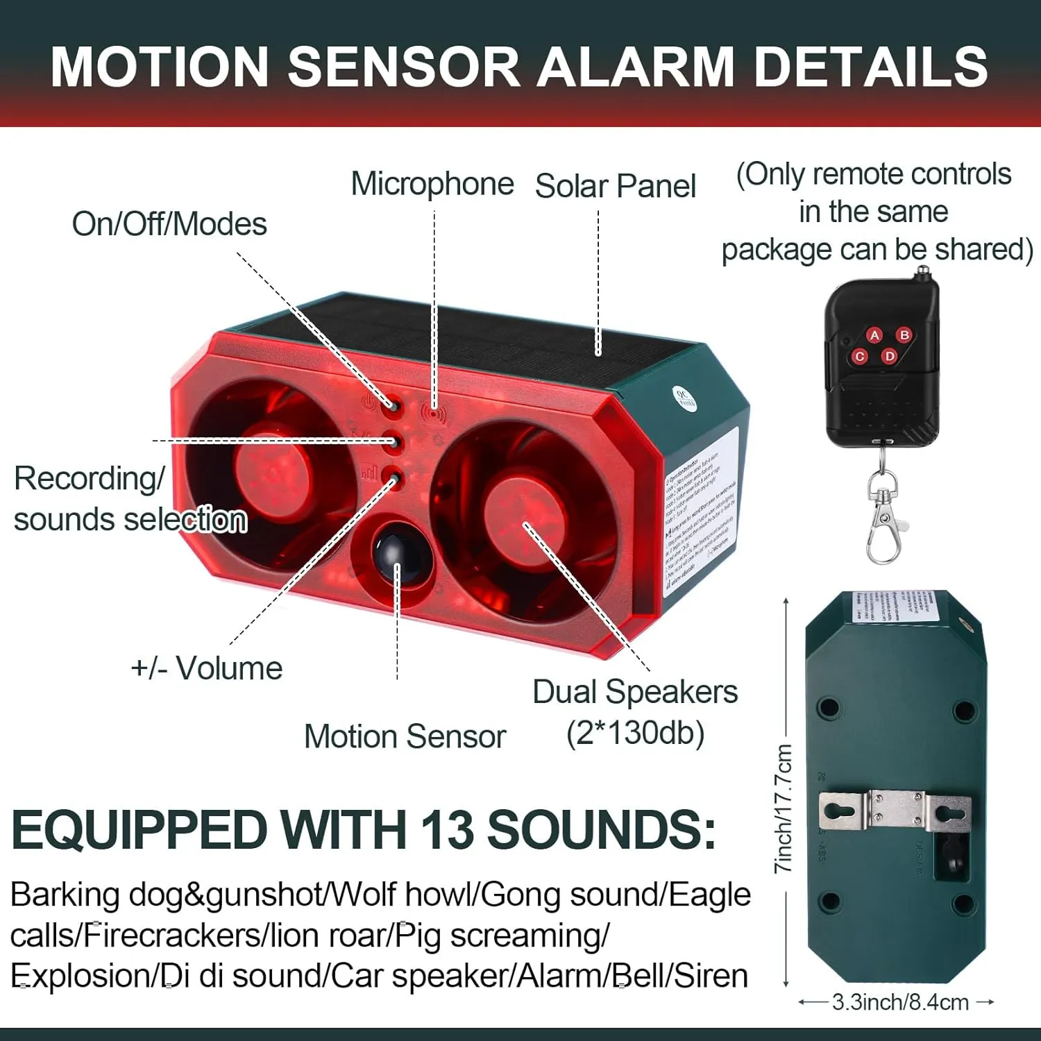 Qualirey 2 Pcs Solar Outdoor Motion Sensor Alarm Motion Sensor Animal Deterrent Dog Barking Alarm 13 Sound 130db Loud Noise Maker 4 Mode with USB Remote Control Support Recording Volume Adjustment