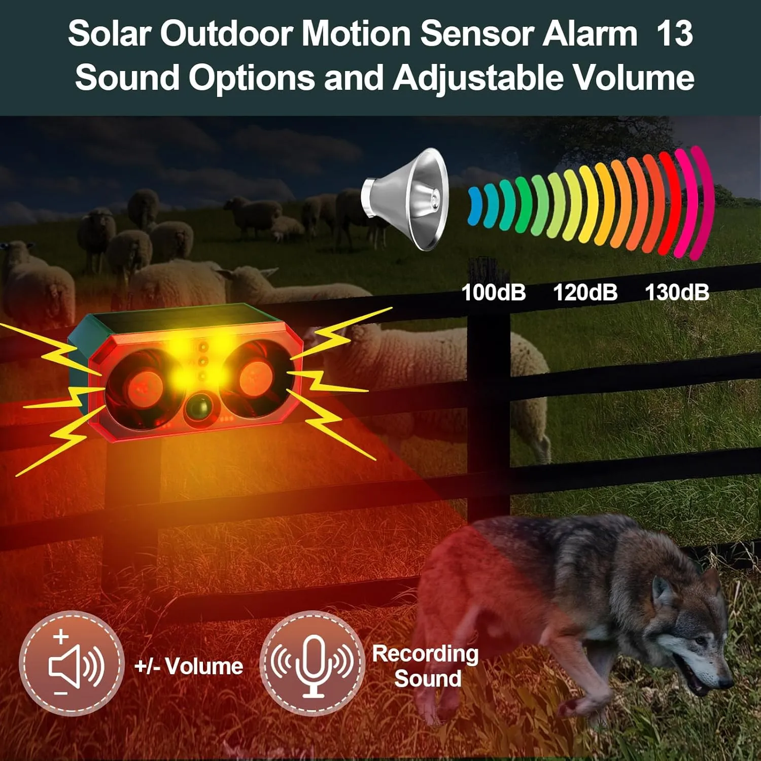 Qualirey 2 Pcs Solar Outdoor Motion Sensor Alarm Motion Sensor Animal Deterrent Dog Barking Alarm 13 Sound 130db Loud Noise Maker 4 Mode with USB Remote Control Support Recording Volume Adjustment