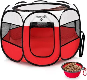SereneLife On-The-Go Foldable Portable Pet Tent 8-Panel Playpen for Dog & Cat w/Food/Water Bowl, Mesh Exercise Puppy Playground, Pet House Indoor & Outdoor, Travel & Camping Pet Kennel (Red- Medium)