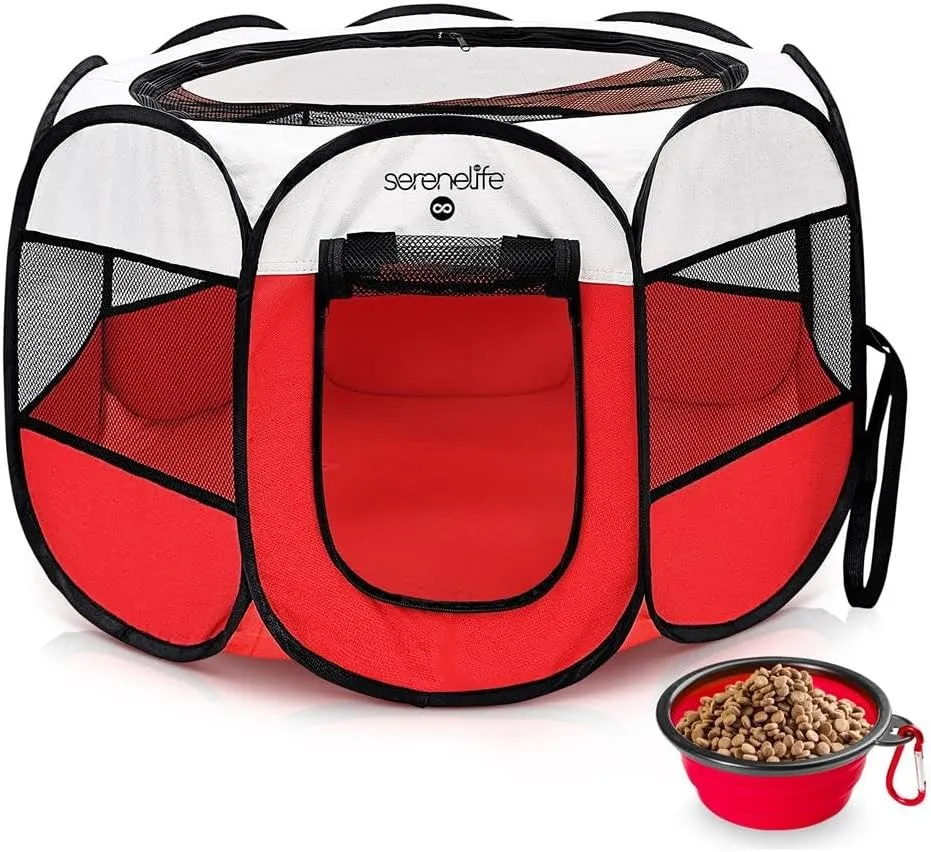 SereneLife On-The-Go Foldable Portable Pet Tent 8-Panel Playpen for Dog & Cat w/Food/Water Bowl, Mesh Exercise Puppy Playground, Pet House Indoor & Outdoor, Travel & Camping Pet Kennel (Red- Medium)