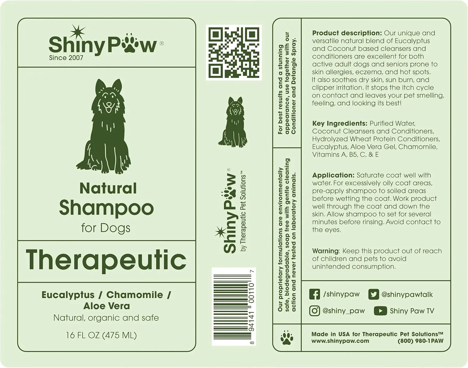 Shiny Paw Dog Shampoo Itchy Skin Relief 16 oz | Hypoallergenic Dog Wash | Eucalyptus, Chamomile & Aloe Vera | Dog Shampoo Sensitive Skin & Smelly Dogs | Made in USA