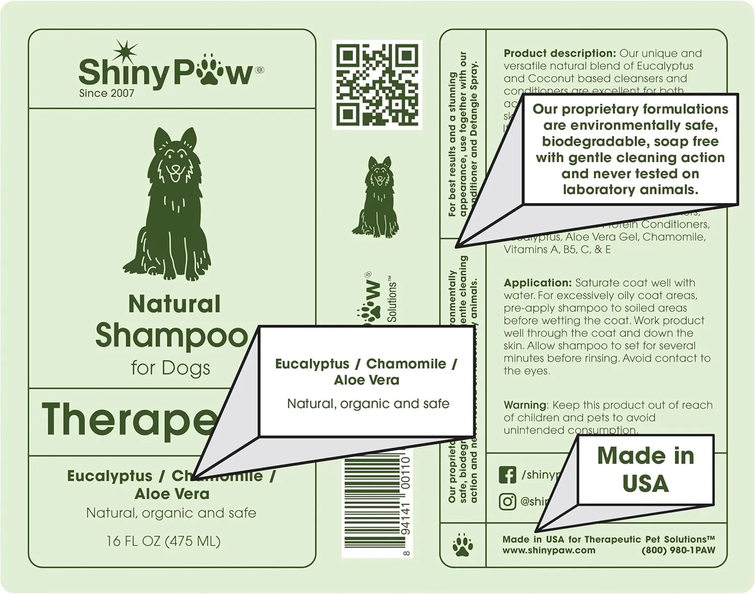 Shiny Paw Dog Shampoo Itchy Skin Relief 16 oz | Hypoallergenic Dog Wash | Eucalyptus, Chamomile & Aloe Vera | Dog Shampoo Sensitive Skin & Smelly Dogs | Made in USA