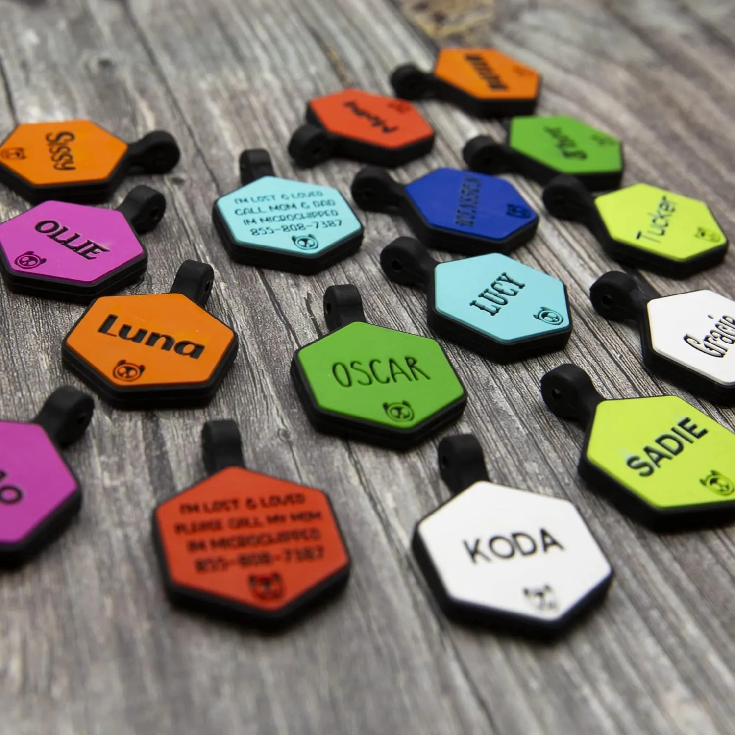 Silicone Silent Dog Tag Personalized with 5 Lines of Custom Deep Engraved Durable Soundless Pet ID Name Tag Hexagon Orange
