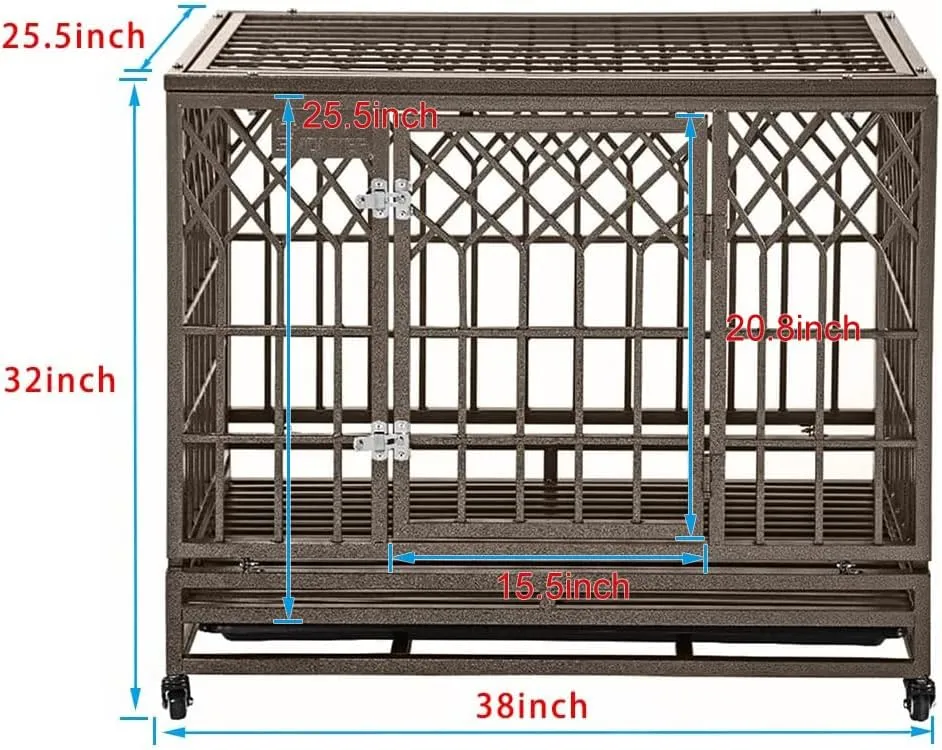SMONTER 38in Heavy Duty Strong Metal Dog Cage Pet Kennel Crate Playpen with Wheels, Y Shape, Brown