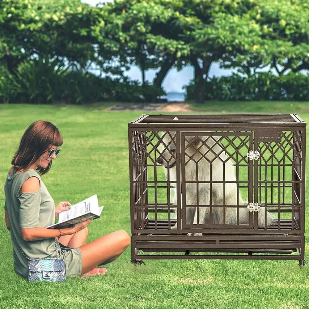 SMONTER 38in Heavy Duty Strong Metal Dog Cage Pet Kennel Crate Playpen with Wheels, Y Shape, Brown