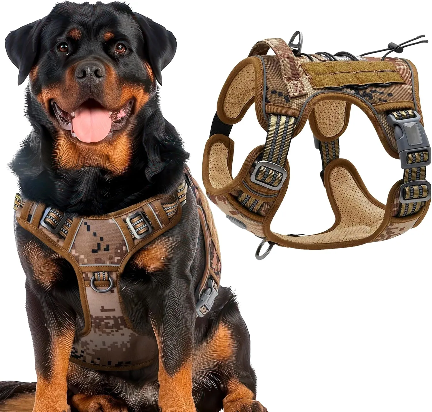Tactical Dog Harness With Handle, X-Large, Desert Camouflage 900D Nylon Vest. No Pull Breathable Harness With Adjustable Straps and Quick-Release Buckles