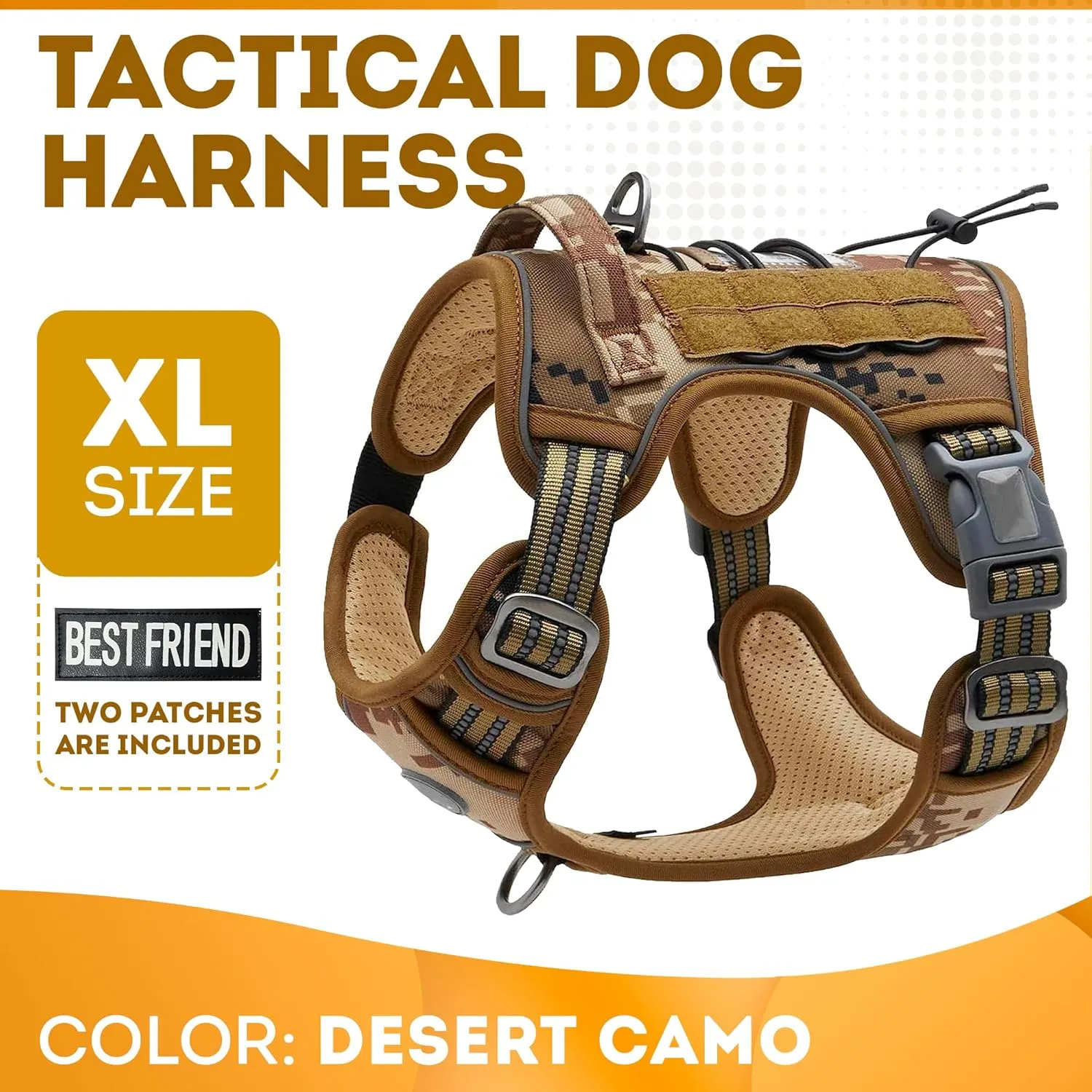 Tactical Dog Harness With Handle, X-Large, Desert Camouflage 900D Nylon Vest. No Pull Breathable Harness With Adjustable Straps and Quick-Release Buckles