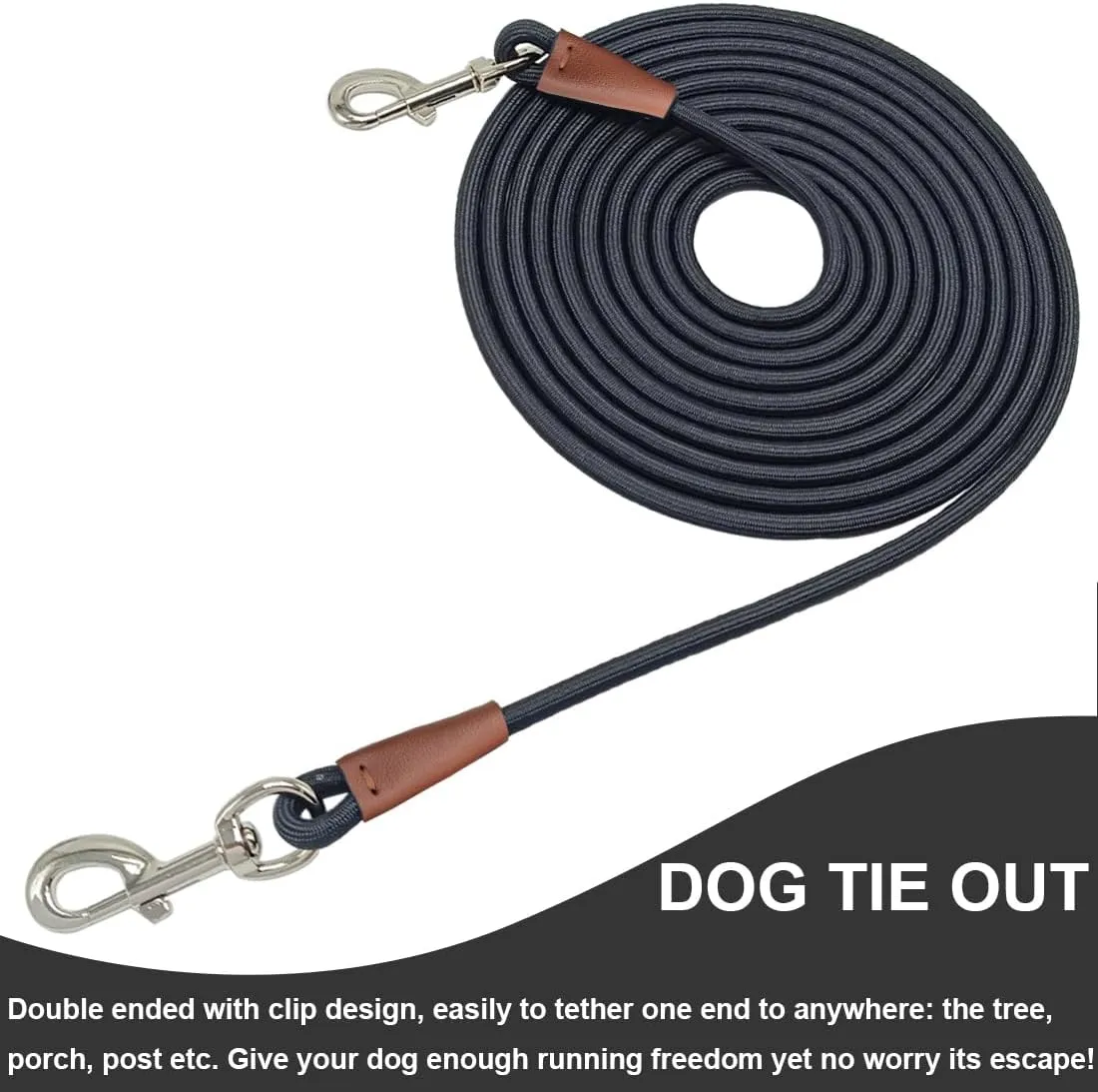 Tie Out Rope Dog Leash, 8-10-13-15-20-25-30-35-40-45-50 FT Heavy Duty Nylon Check Cord for Medium Large Dogs Indoor/Outdoor Playing Camping Backyard (Black, 3/8" x 10ft)