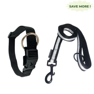 Vama Leathers Soft Durable Nylon Collar and Reflective Soft Handle All Leather Leash for Dogs Combo (Black)