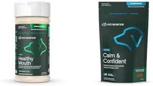 VetriScience Pet Care Bundle: Healthy Mouth Dental Powder 4.2 oz for Dogs & Cats   Calm & Confident Calming Chews 120 Count for Dogs