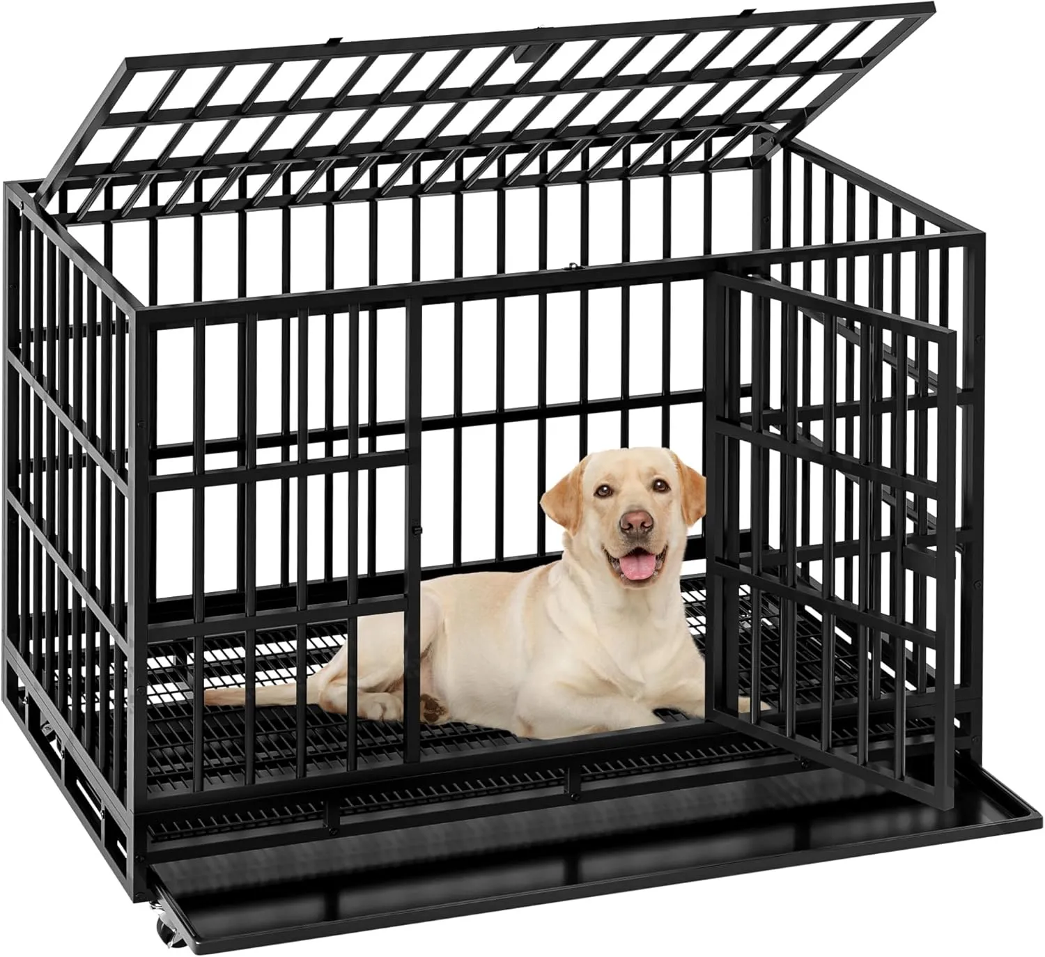 WARCAT 48 Inch Heavy Duty Dog Crate Cage Indestructible Dog Crate for Large Dog with Escape Proof Metal Kennel with Double Door Lockable Wheels Removable Tray Indoor Outdoor (Black)