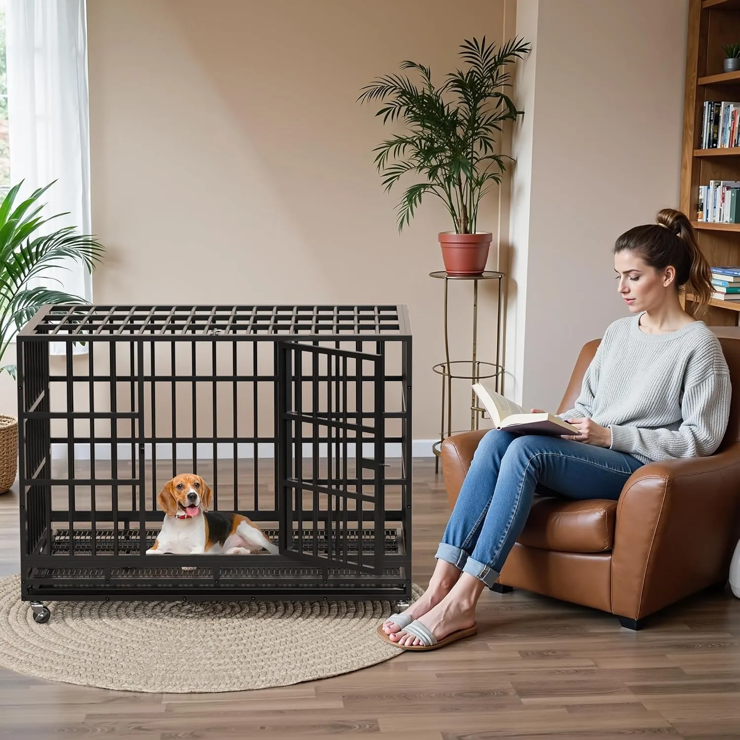 WARCAT 48 Inch Heavy Duty Dog Crate Cage Indestructible Dog Crate for Large Dog with Escape Proof Metal Kennel with Double Door Lockable Wheels Removable Tray Indoor Outdoor (Black)