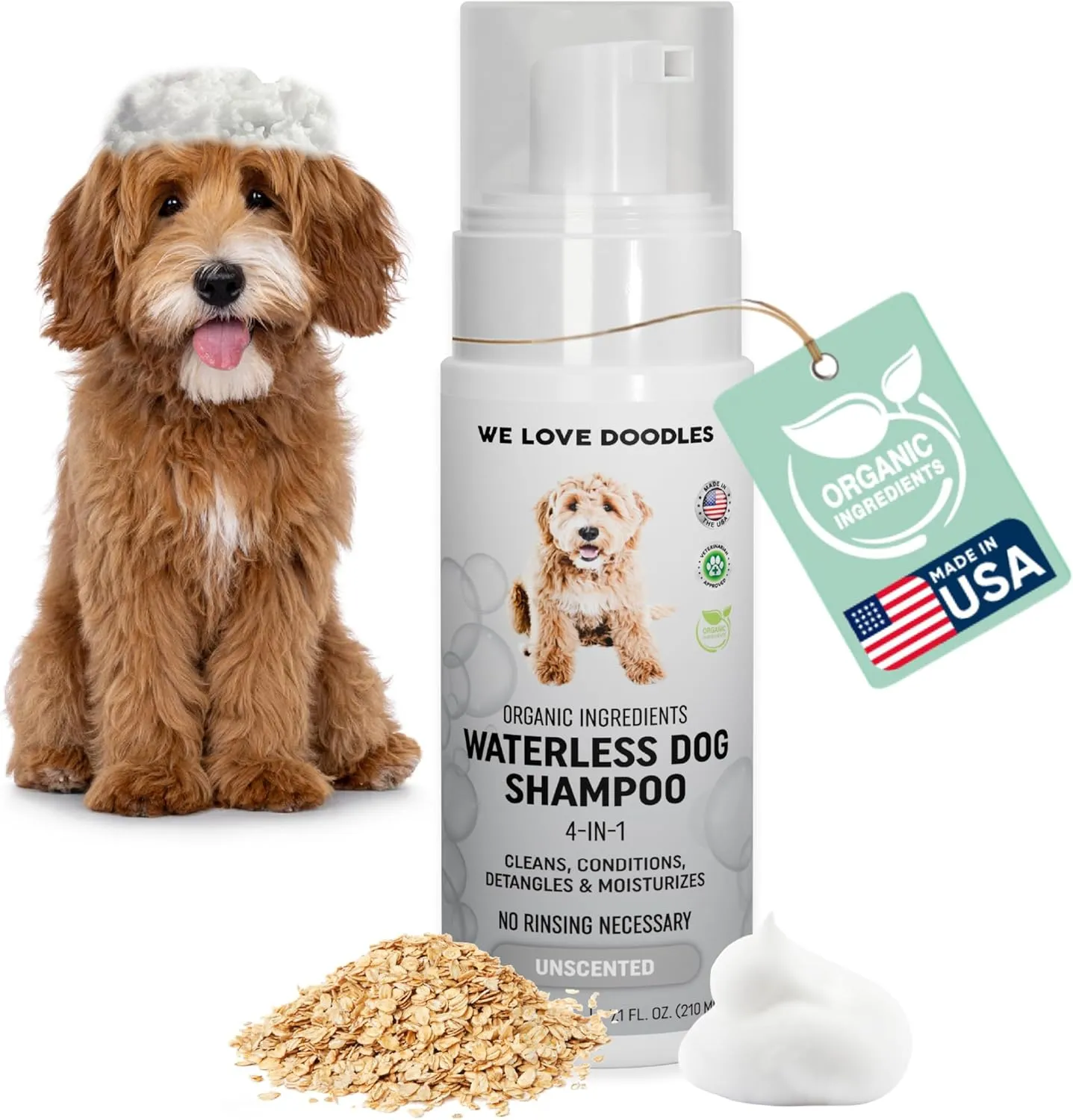 Waterless Dog Shampoo - Cleans & Moisturizes Coat, No Rinse Dog Shampoo, Safe Foam Formula & Pet-Friendly Dog Deodorizing Spray, 5.2 oz (Unscented) [We Love Doodles]