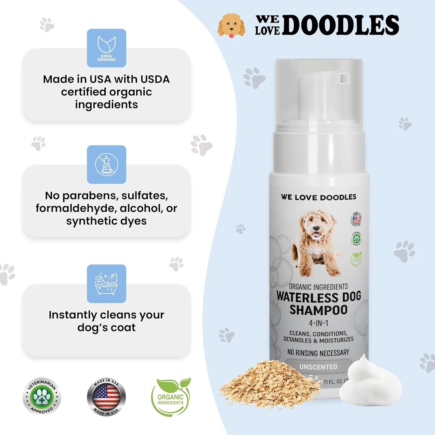 Waterless Dog Shampoo - Cleans & Moisturizes Coat, No Rinse Dog Shampoo, Safe Foam Formula & Pet-Friendly Dog Deodorizing Spray, 5.2 oz (Unscented) [We Love Doodles]