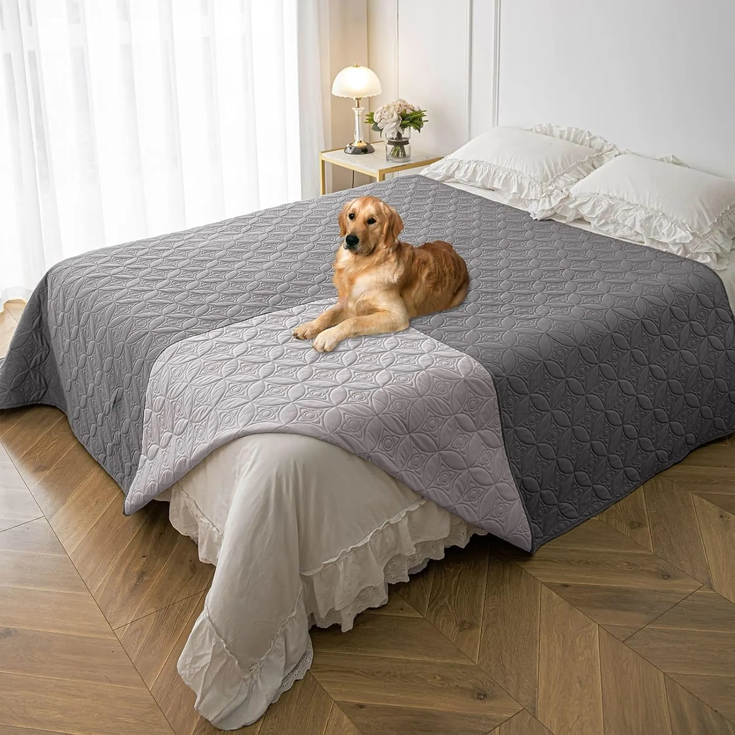 Waterproof Dog Blanket, 82x102 inches Pet Couch Covers for Sofa, Bed Furniture Protector from Dogs Washable and Reversible-Lightgrey Darkgrey