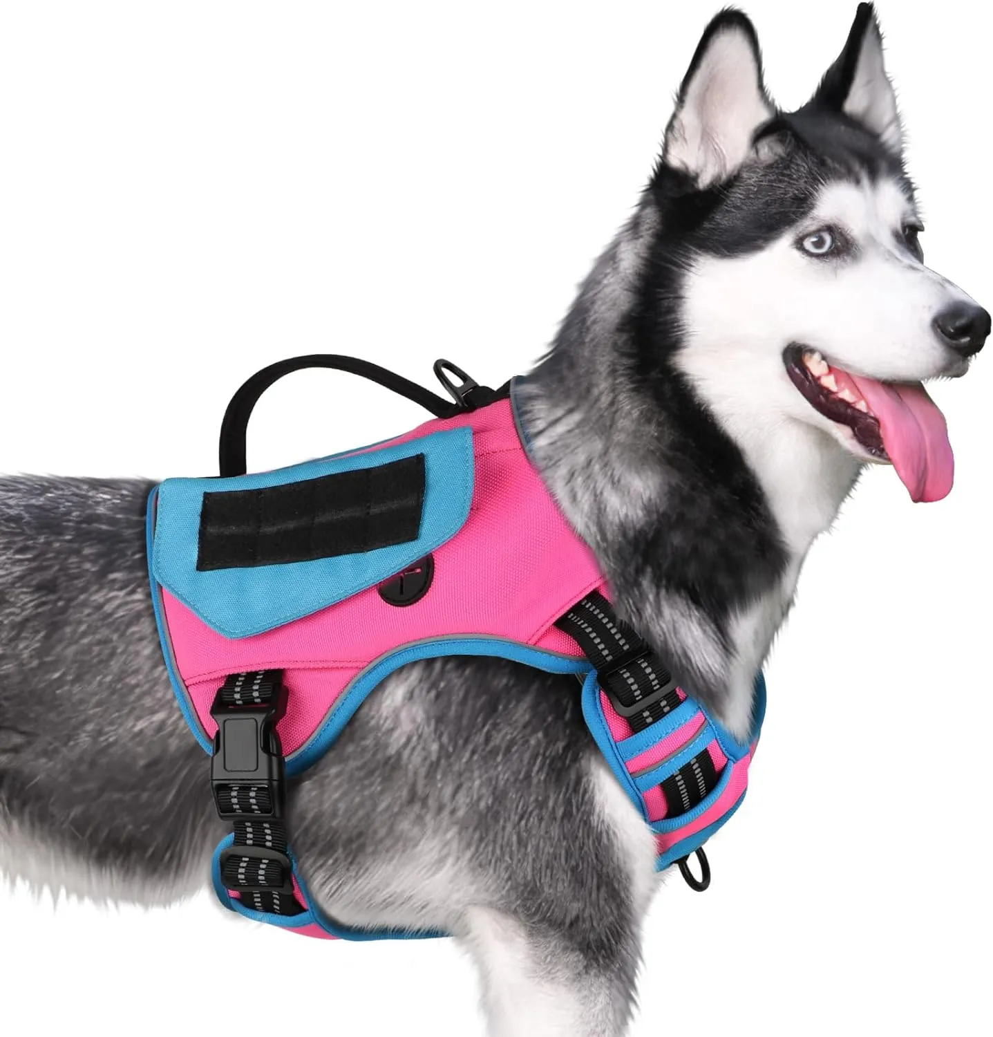 WINGOIN Tactical Dog Harness for Extra Large Dogs, No Pull Harness with Handle Pockets Poop Bag, Reflective Dog Vest, Military Heavy Duty Big Dog Harness for Walking Hiking Training (Pink Blue, XL)
