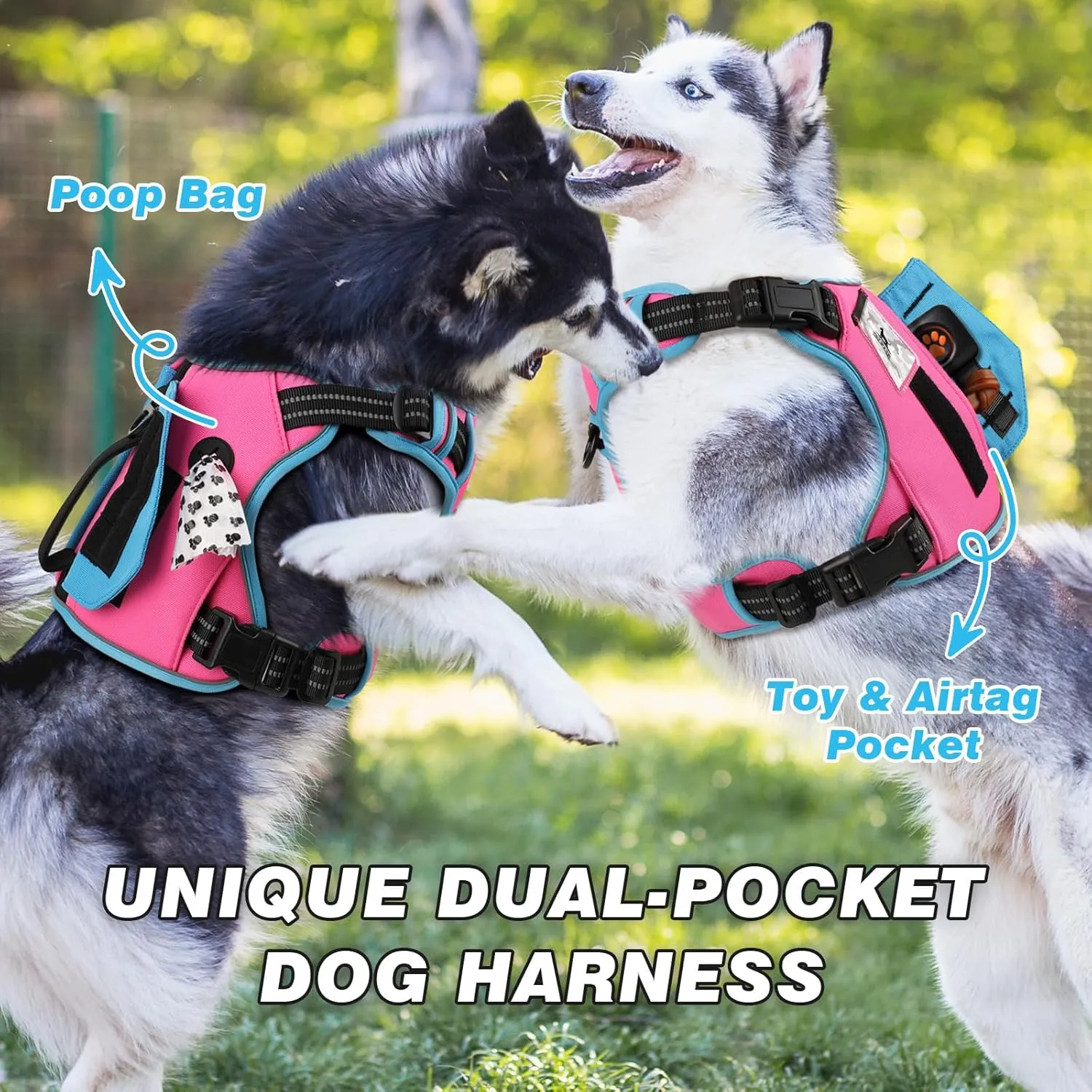 WINGOIN Tactical Dog Harness for Extra Large Dogs, No Pull Harness with Handle Pockets Poop Bag, Reflective Dog Vest, Military Heavy Duty Big Dog Harness for Walking Hiking Training (Pink Blue, XL)