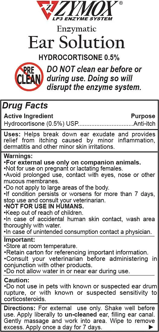 Zymox Ear Solution with .5% Hydrocortisone for Dogs & Cats, 1.25-oz bottle